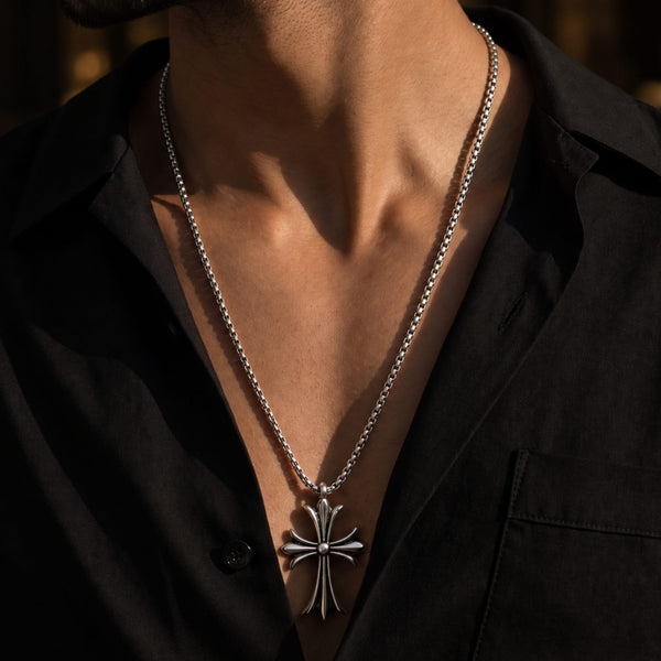 IRON CREED CROSS - 28mm Titanium Steel Pendant with 23inch Round Box 4mm Chain for Men & Boys