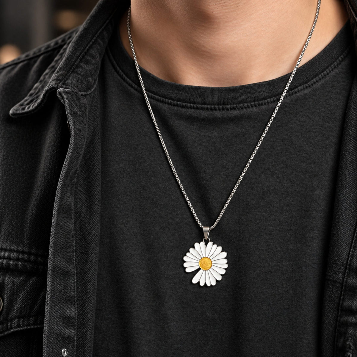 THE MEN THING SS Pendant/ Necklace IVORY BLOOM DAISY - 35mm Pure Titanium Steel Pendant with 23inch Round Box 4mm Chain for Men & Boys