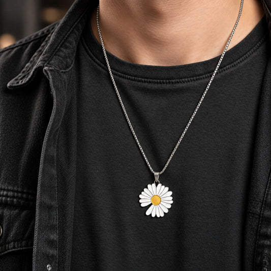 THE MEN THING SS Pendant/ Necklace IVORY BLOOM DAISY - 35mm Pure Titanium Steel Pendant with 23inch Round Box 4mm Chain for Men & Boys