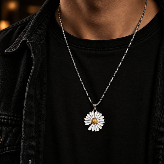THE MEN THING SS Pendant/ Necklace IVORY BLOOM DAISY - 35mm Pure Titanium Steel Pendant with 23inch Round Box 4mm Chain for Men & Boys