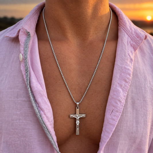 THE MEN THING SS Pendant/ Necklace JESUS CHRIST CROSS - 27mm Pure Titanium Steel Pendant with 27inch Round Box 4mm Chain for Men & Boys
