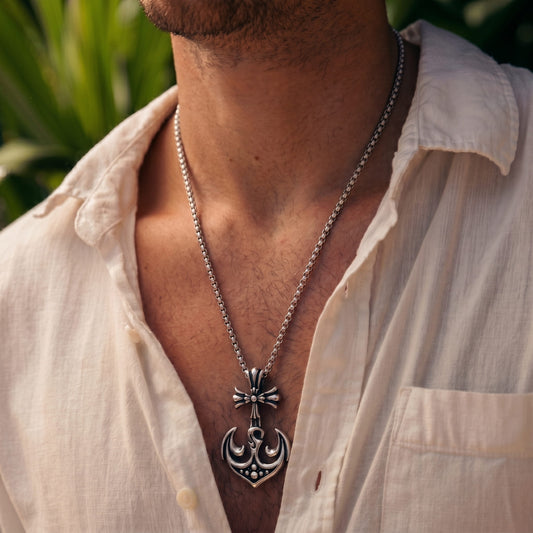 THE MEN THING SS Pendant/ Necklace KUNGS ANCHOR - Pure Titanium Steel Anchor Pendant with 24inch Round Box Chain for Men & Boys