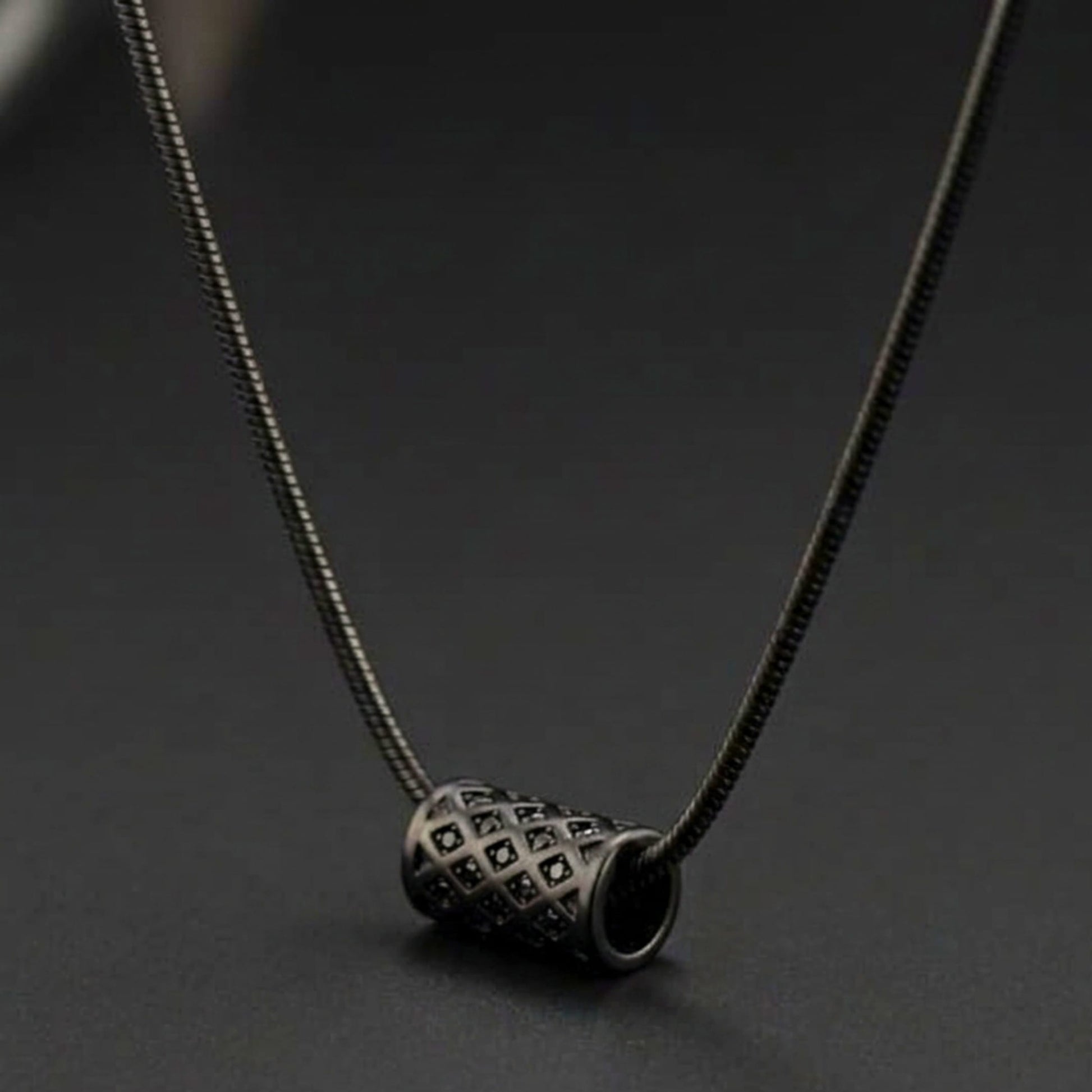 THE MEN THING SS Pendant/ Necklace LATTICE CYLINDER - BLACK - 11mm Titanium Steel Pendant with 19 to21 inch Adjustable Snake 3mm Chain for Men & Boys