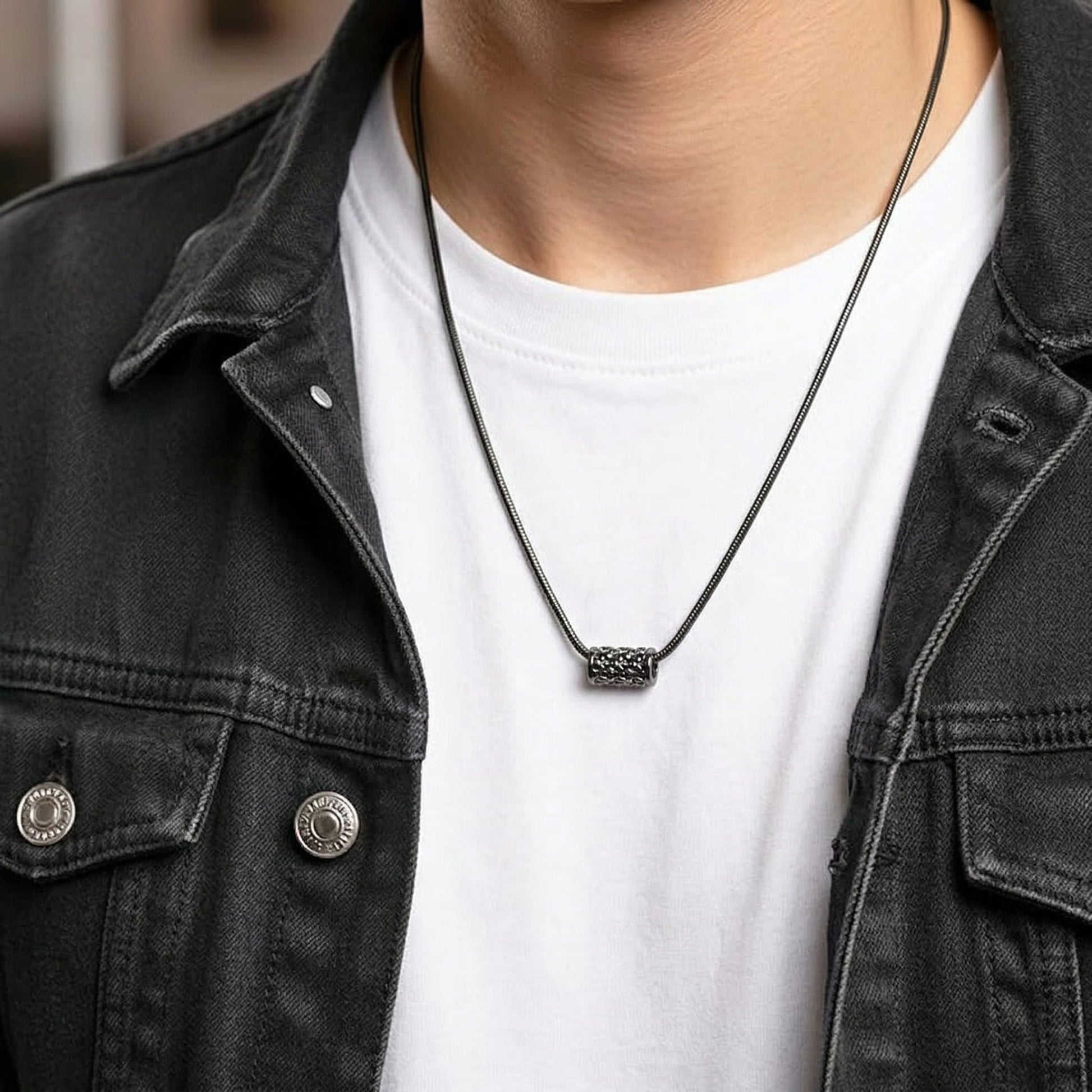 THE MEN THING SS Pendant/ Necklace LATTICE CYLINDER - BLACK - 11mm Titanium Steel Pendant with 19 to21 inch Adjustable Snake 3mm Chain for Men & Boys