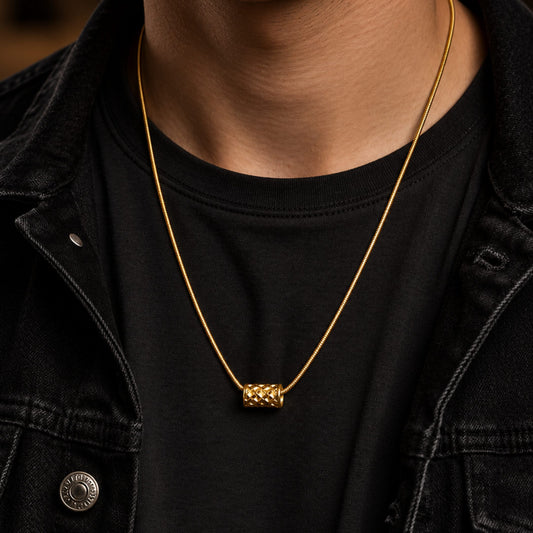 THE MEN THING SS Pendant/ Necklace LATTICE CYLINDER - GOLDEN - 11mm Pure Titanium Steel Pendant with 19 to21 inch Adjustable Snake 3mm Golden Chain for Men & Boys