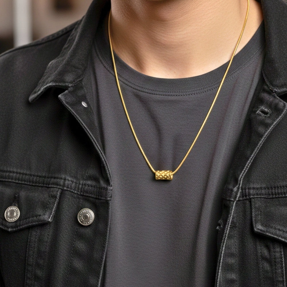 THE MEN THING SS Pendant/ Necklace LATTICE CYLINDER - GOLDEN - 7mm Pure Titanium Steel Pendant with 19 to21 inch Adjustable Snake 3mm Golden Chain for Men & Boys