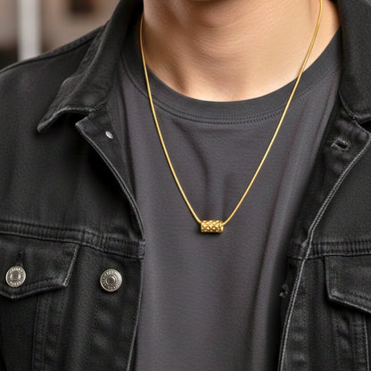 THE MEN THING SS Pendant/ Necklace LATTICE CYLINDER - GOLDEN - 7mm Pure Titanium Steel Pendant with 19 to21 inch Adjustable Snake 3mm Golden Chain for Men & Boys
