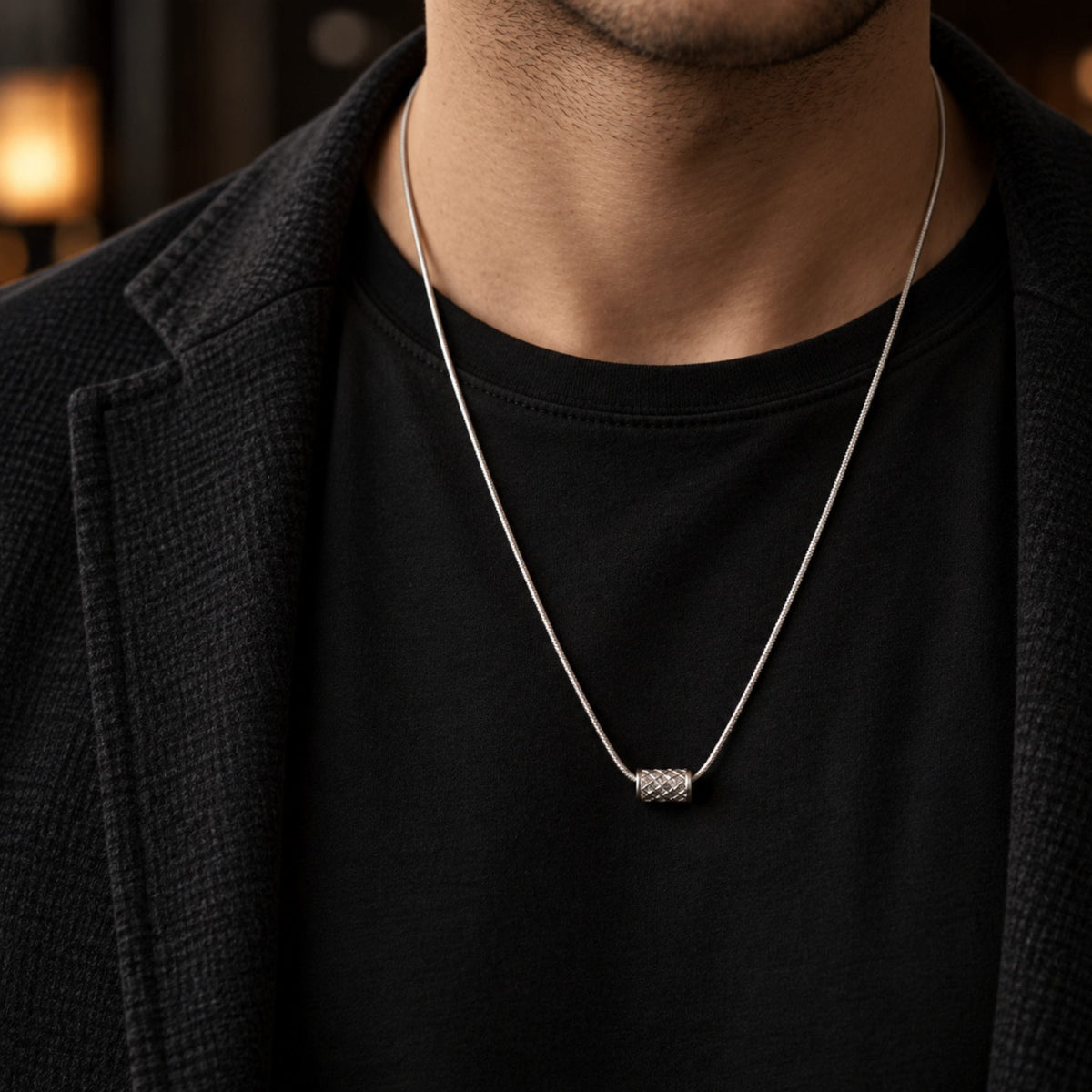 THE MEN THING SS Pendant/ Necklace LATTICE CYLINDER - STEEL - 7mm Pure Titanium Steel Pendant with 19inch Snake 3mm Steel Chain for Men & Boys