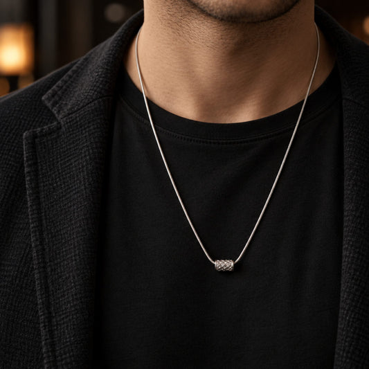 THE MEN THING SS Pendant/ Necklace LATTICE CYLINDER - STEEL - 7mm Pure Titanium Steel Pendant with 19inch Snake 3mm Steel Chain for Men & Boys