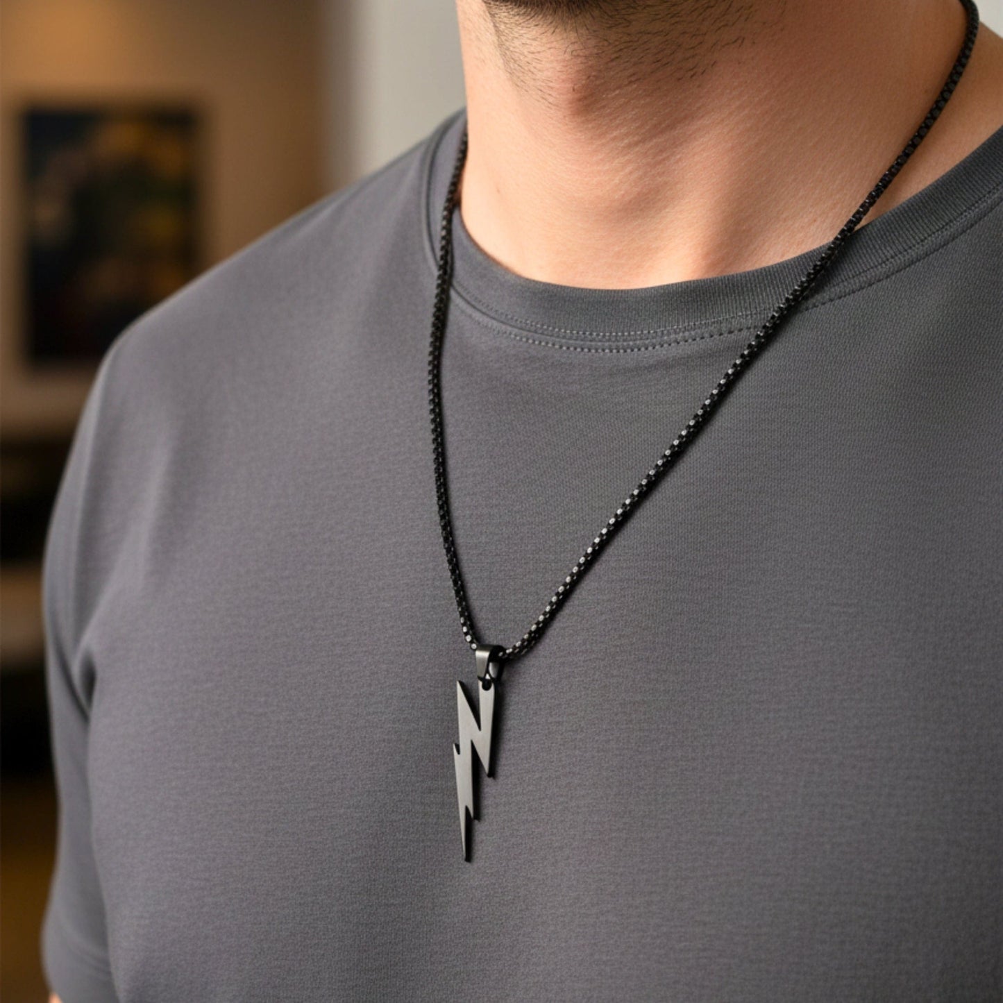 THE MEN THING SS Pendant/ Necklace LIGHTNING BLACK BOLT - 10mm Titanium Steel Pendant with 23inch Round Box 4 mm Chain for Men & Boys