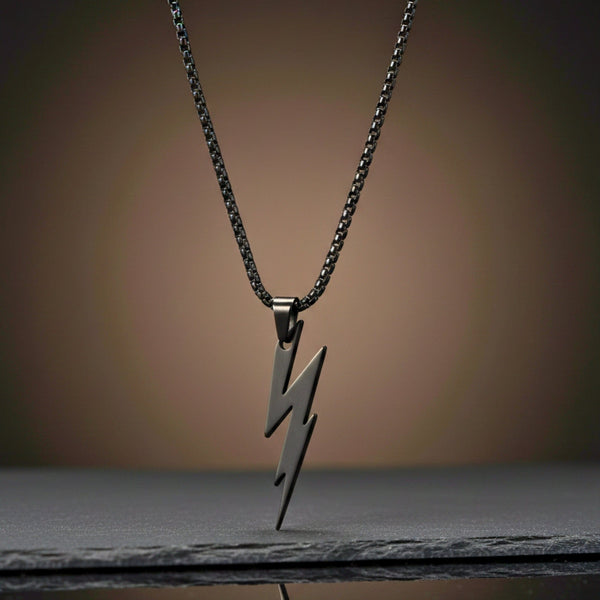 LIGHTNING BLACK BOLT - 10mm Titanium Steel Pendant with 23inch Round Box 4 mm Chain for Men & Boys