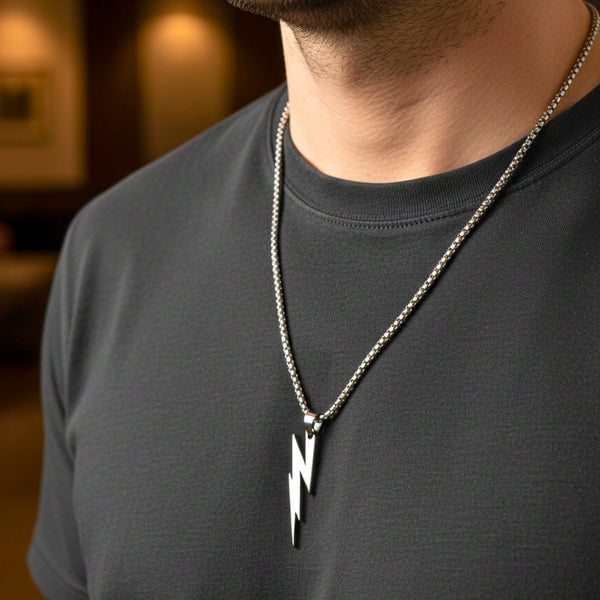 LIGHTNING SILVER BOLT - 10mm Titanium Steel Pendant with 23inch Round Box 4 mm Chain for Men & Boys