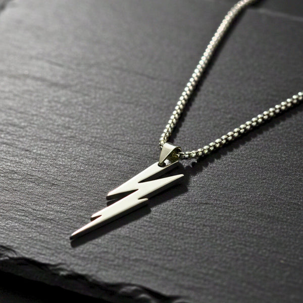 LIGHTNING SILVER BOLT - 10mm Titanium Steel Pendant with 23inch Round Box 4 mm Chain for Men & Boys