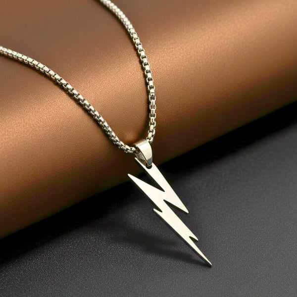 LIGHTNING SILVER BOLT - 10mm Titanium Steel Pendant with 23inch Round Box 4 mm Chain for Men & Boys
