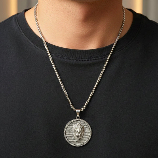 LION REIGN - 37mm Titanium Steel Pendant with 24inch Round Box 5mm Chain for Men & Boys