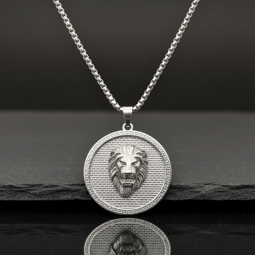 THE MEN THING SS Pendant/ Necklace LION REIGN - 37mm Titanium Steel Pendant with 24inch Round Box 5mm Chain for Men & Boys