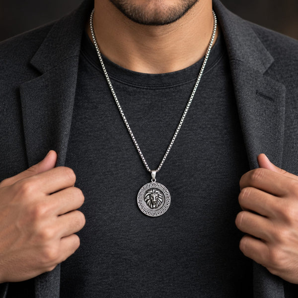 LION SEAL - 40mm Titanium Steel Pendant with 24inch Round Box 5mm Chain for Men & Boys