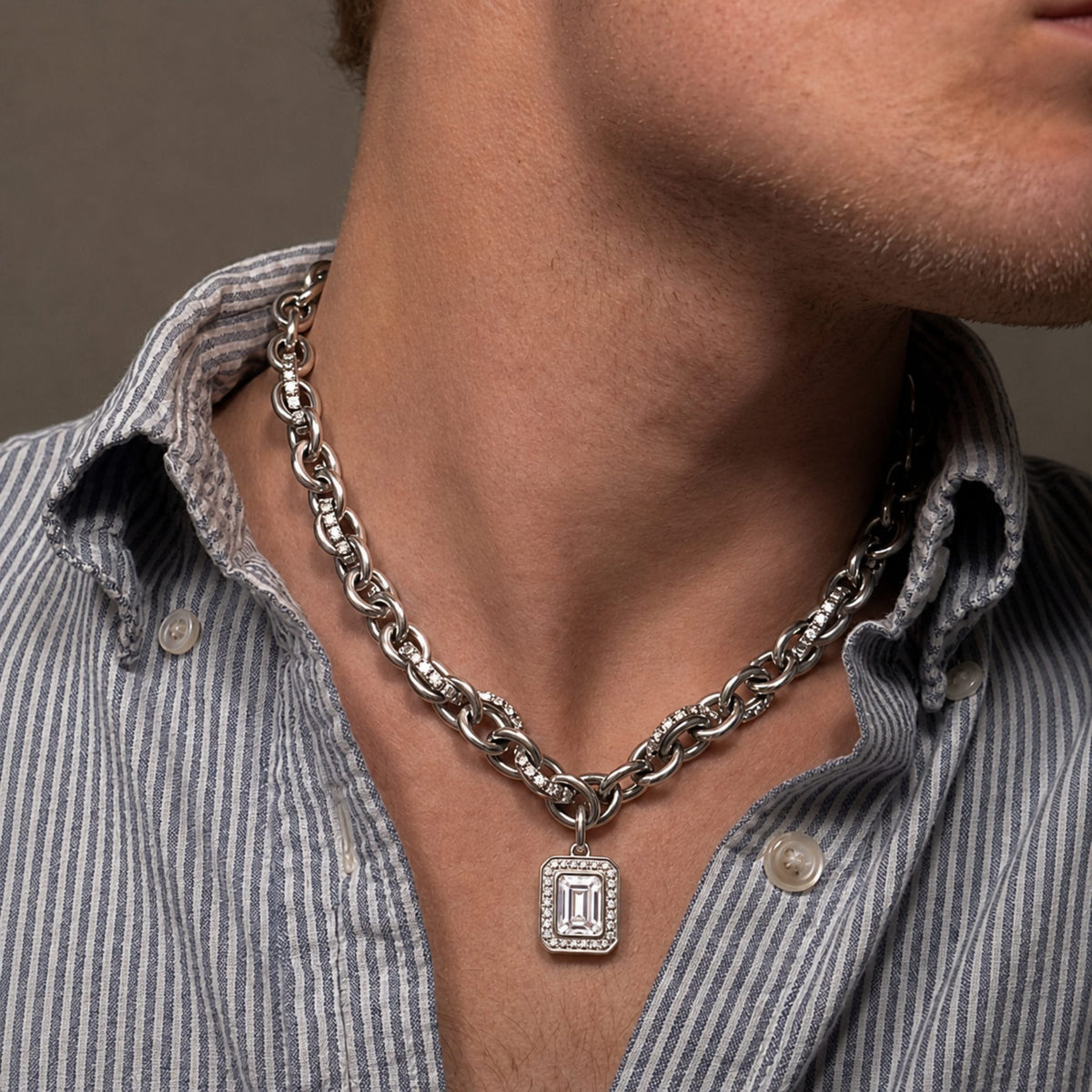 THE MEN THING SS Pendant/ Necklace LUXE FRAME - 15mm Titanium Steel Pendant with 16inch to 19inch Adjustable Cable Chain for Men & Boys