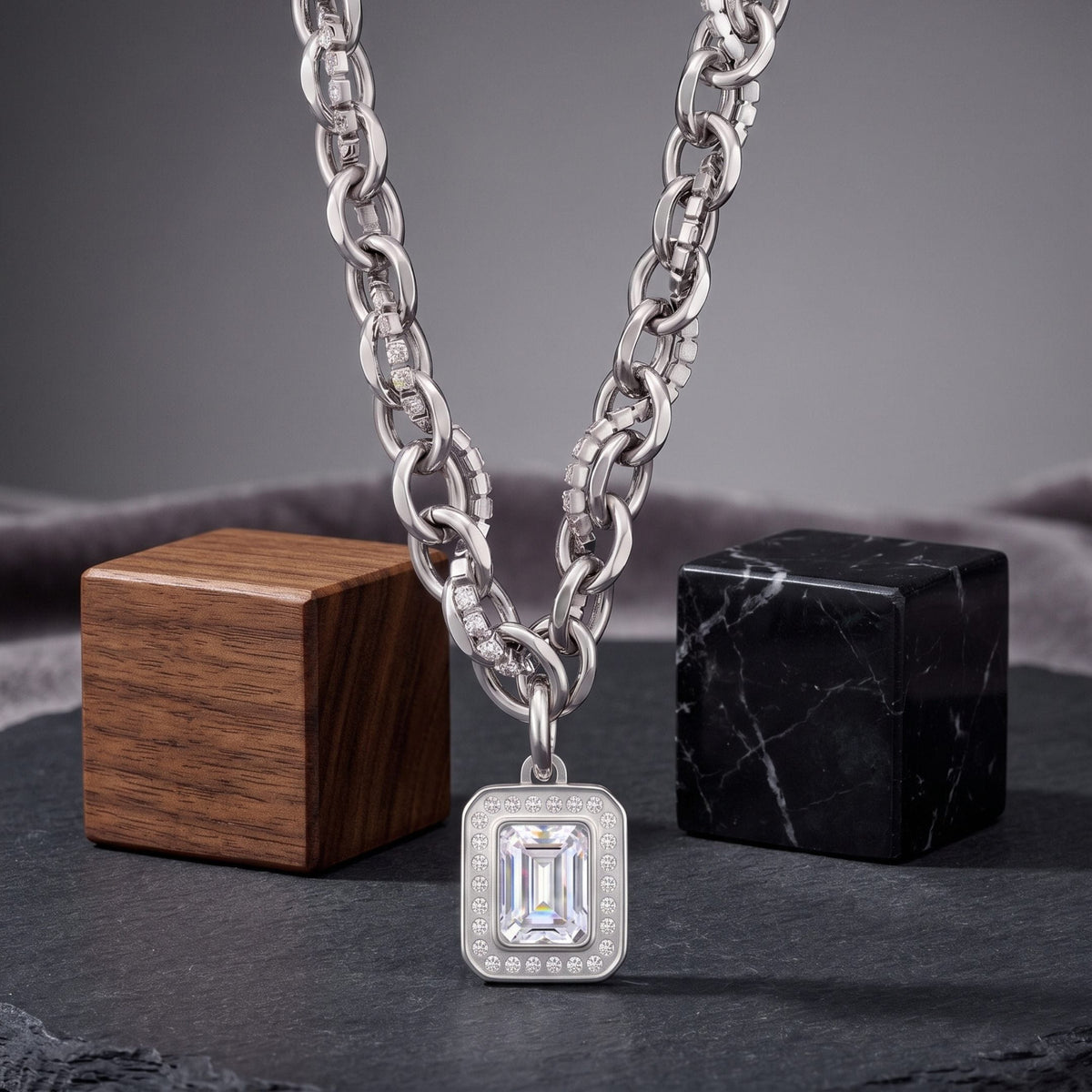THE MEN THING SS Pendant/ Necklace LUXE FRAME - 15mm Titanium Steel Pendant with 16inch to 19inch Adjustable Cable Chain for Men & Boys