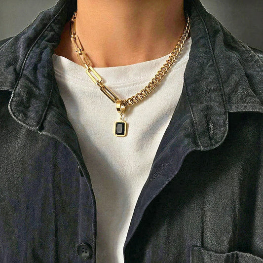 THE MEN THING SS Pendant/ Necklace LYNXA NOIR GOLDEN - 15mm Titanium Steel Pendant with 20 to 22inch Adjustable Cube 6mm Chain for Men & Boys