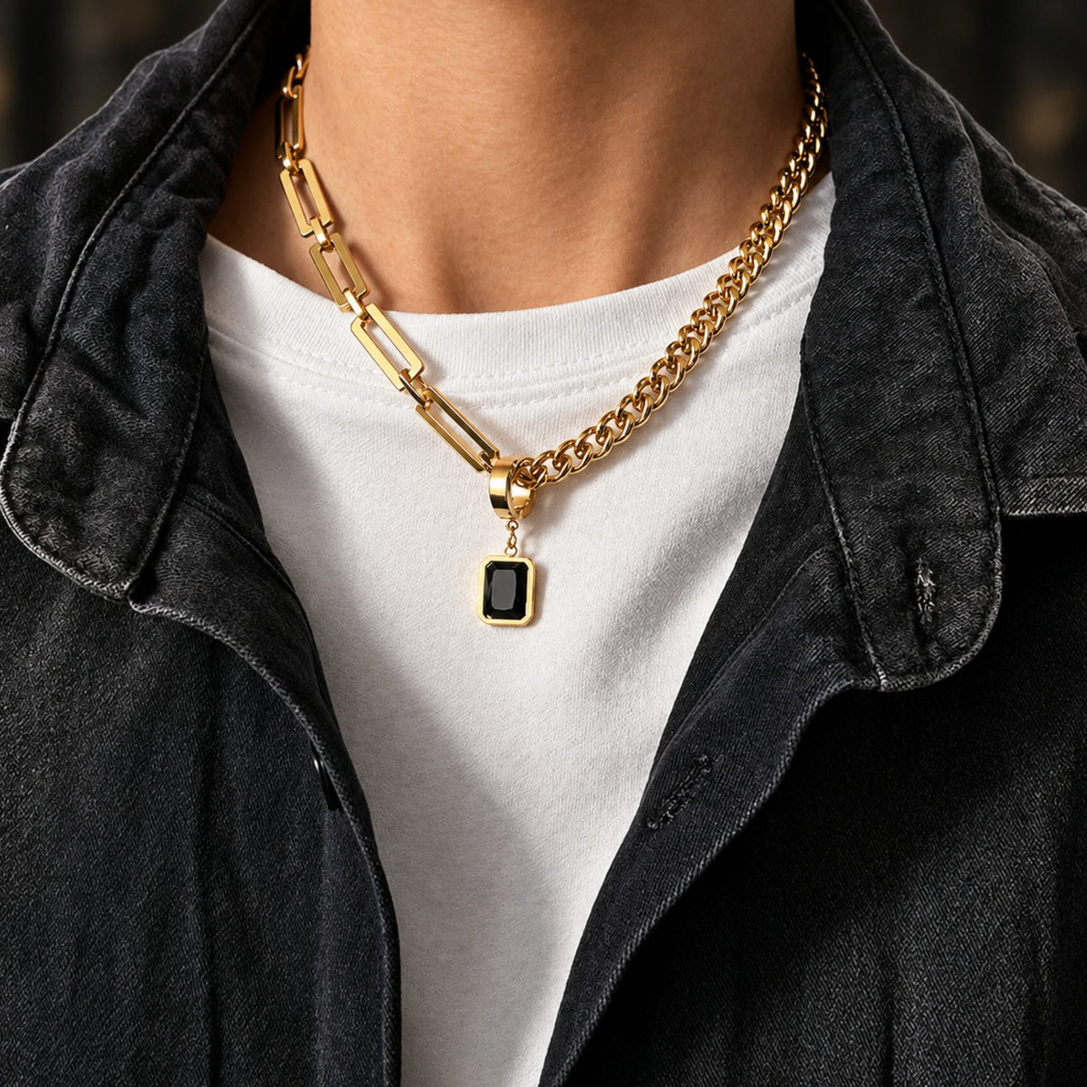 THE MEN THING SS Pendant/ Necklace LYNXA NOIR GOLDEN - 15mm Titanium Steel Pendant with 20 to 22inch Adjustable Cube 6mm Chain for Men & Boys
