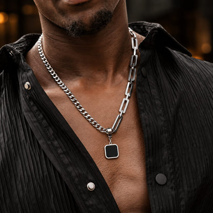 THE MEN THING SS Pendant/ Necklace LYNXA NOIR STEEL - 15mm Titanium Steel Pendant with 21 to 23inch Adjustable Cube 6mm Chain for Men & Boys