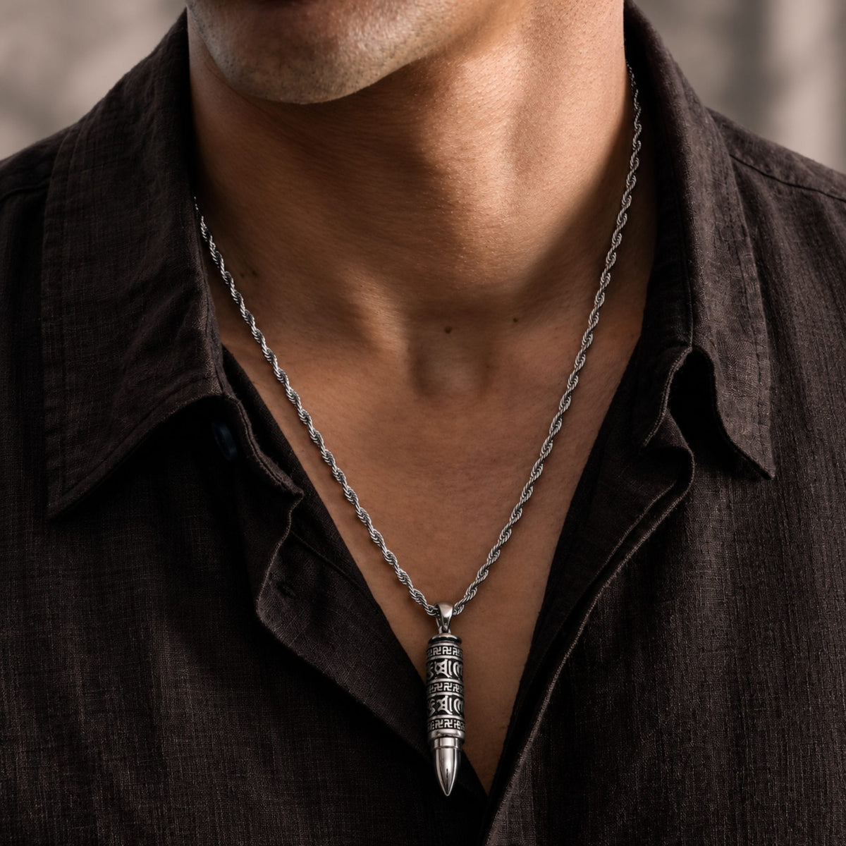 THE MEN THING SS Pendant/ Necklace MANTRA BULLET - 11mm Pure Titanium Steel Pendant with 23inch Twisted Rope 4mm Chain for Men & Boys