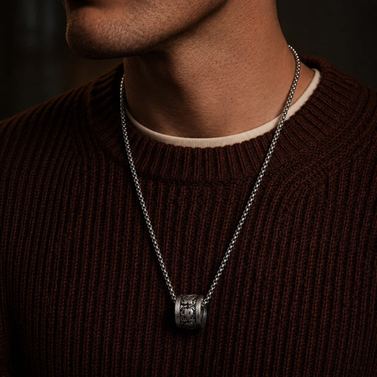 THE MEN THING SS Pendant/ Necklace MANTRA ROUND -  Alloy Round Mantra Pendant with Pure Stainless Steel  24inch Chain for Men, Milan trending Style - Round Box Chain & Pendant for Men & Boy
