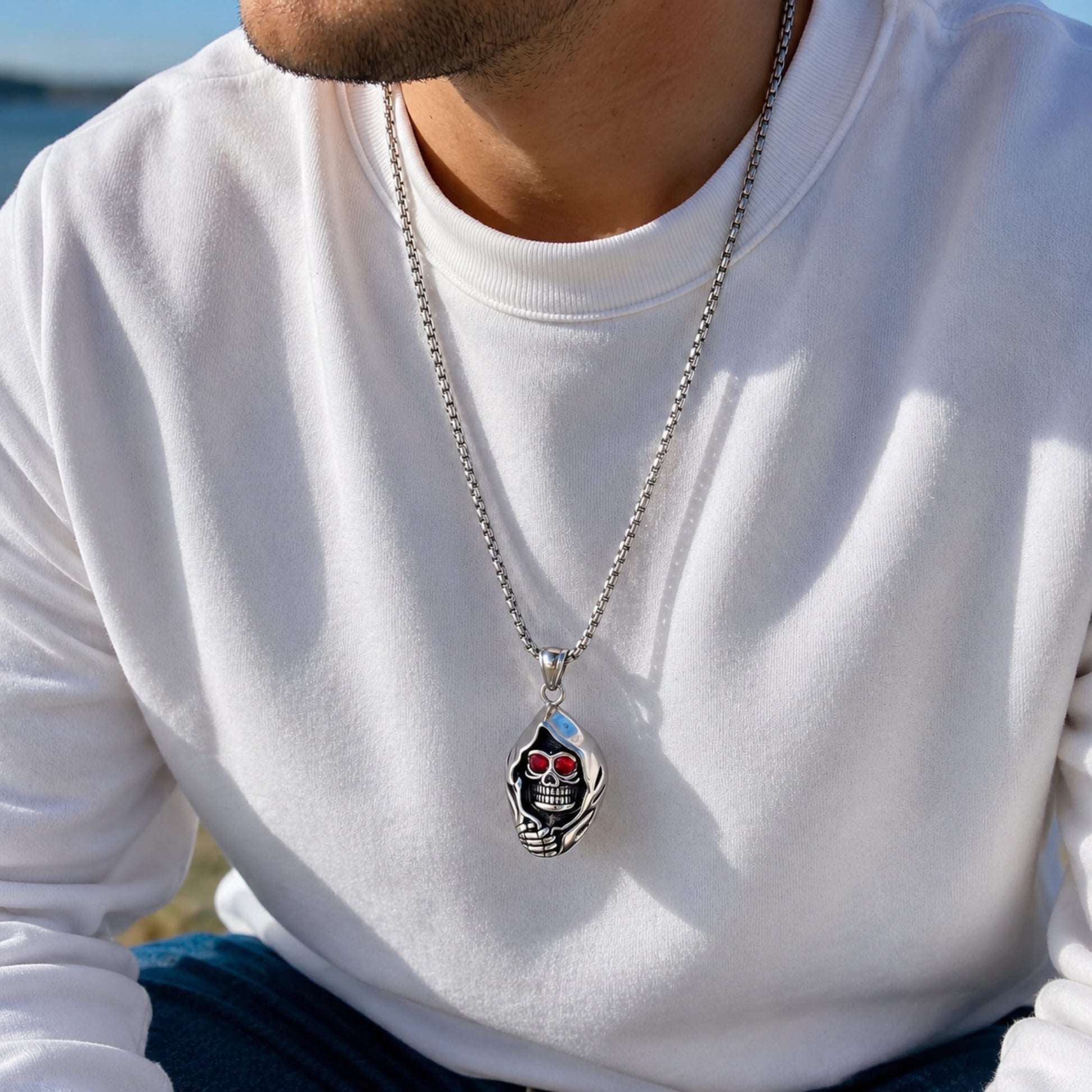 THE MEN THING SS Pendant/ Necklace MASKED VAMPIRE SKULL (RED STONE) -  Alloy Pendant with Stainless Steel 24inch Round Box Chain, American trending Style for Men & Boy