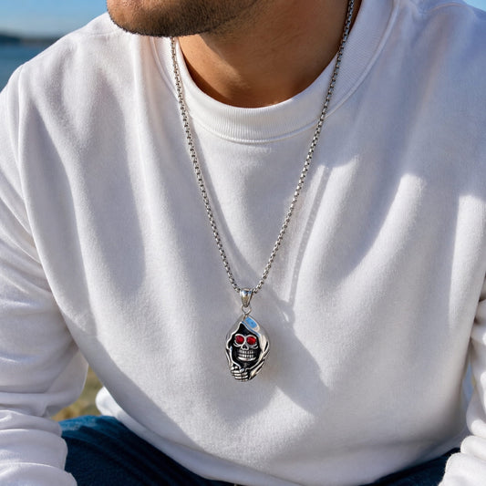 THE MEN THING SS Pendant/ Necklace MASKED VAMPIRE SKULL (RED STONE) -  Alloy Pendant with Stainless Steel 24inch Round Box Chain, American trending Style for Men & Boy