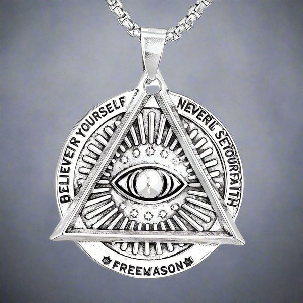 MASONIC EYE - స్వచ్ఛమైన స్టెయిన్‌లెస్ స్టీల్ రౌండ్ బాక్స్ చైన్‌తో అల్లాయ్ లాకెట్టు, పురుషులు & అబ్బాయిల కోసం యూరోపియన్ ట్రెండింగ్ స్టైల్ (24 అంగుళాలు)