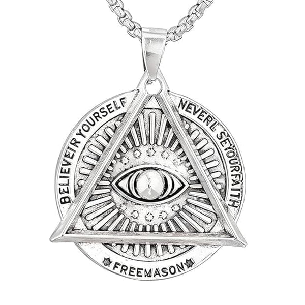 मेसोनिक आई - शुद्ध स्टेनलेस स्टील गोल बॉक्स चेन के साथ मिश्र धातु पेंडेंट, पुरुषों और लड़कों के लिए यूरोपीय ट्रेंडिंग स्टाइल (24 इंच)