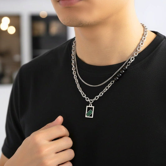 THE MEN THING SS Pendant/ Necklace MATRIX EMERALD - 16mm Titanium Steel Pendant with 22inch Chain for Men & Boys with adjustable cable chain