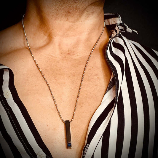 THE MEN THING SS Pendant/ Necklace MIDNIGHT DELIGHT :  Pure Titanium Steel Blue 3D Crystal with Black Cuboid Vertical Bar Pendant with 24inch Ball Chain for Men & Boys