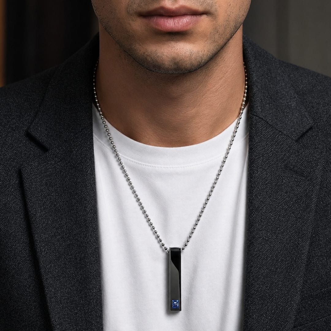 THE MEN THING SS Pendant/ Necklace MIDNIGHT DELIGHT :  Pure Titanium Steel Blue 3D Crystal with Black Cuboid Vertical Bar Pendant with 24inch Ball Chain for Men & Boys