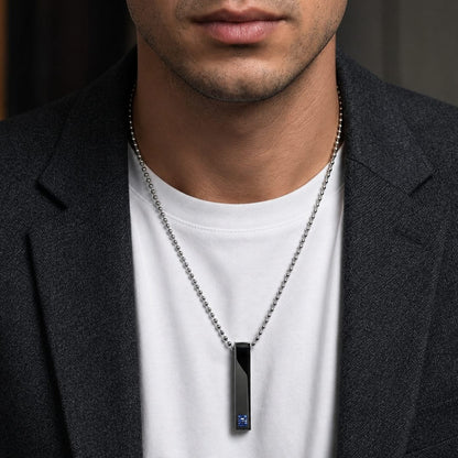 THE MEN THING SS Pendant/ Necklace MIDNIGHT DELIGHT :  Pure Titanium Steel Blue 3D Crystal with Black Cuboid Vertical Bar Pendant with 24inch Ball Chain for Men & Boys