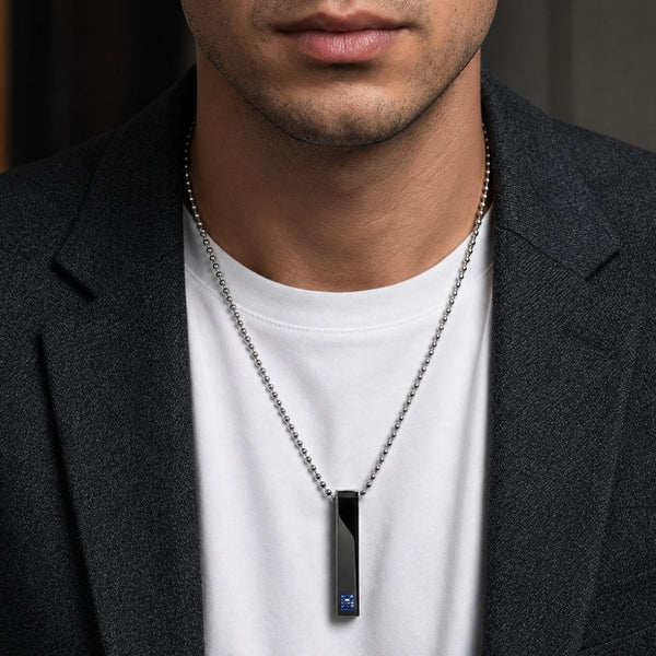 MIDNIGHT DELIGHT :  Pure Titanium Steel Blue 3D Crystal with Black Cuboid Vertical Bar Pendant with 24inch Ball Chain for Men & Boys