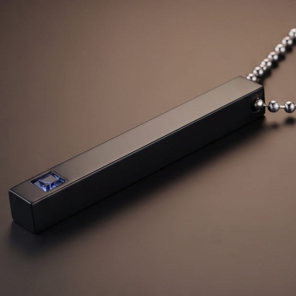 MIDNIGHT DELIGHT :  Pure Titanium Steel Blue 3D Crystal with Black Cuboid Vertical Bar Pendant with 24inch Ball Chain for Men & Boys