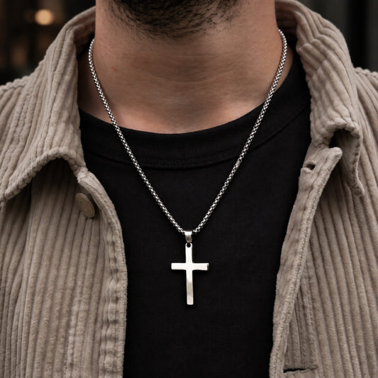 THE MEN THING SS Pendant/ Necklace MINIMALIST HOLY CROSS - 27mm Pure Titanium Steel Pendant with 23inch Round Box 3mm Chain for Men & Boys