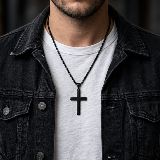 THE MEN THING SS Pendant/ Necklace MINIMALIST HOLY CROSS - BLACK - 27mm Pure Titanium Steel Pendant with 23inch Round Box 4mm Chain for Men & Boys