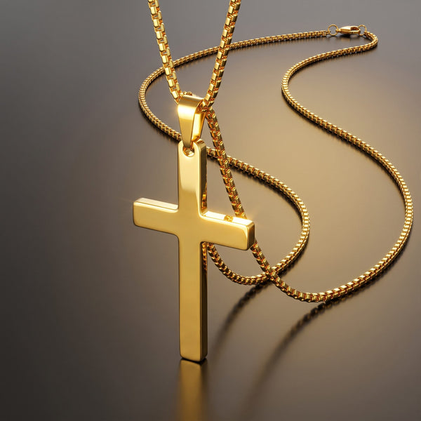 MINIMALIST HOLY CROSS - GOLDEN - 27mm Pure Titanium Steel Pendant with 23inch Round Box 4mm Chain for Men & Boys