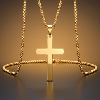 THE MEN THING SS Pendant/ Necklace MINIMALIST HOLY CROSS - GOLDEN - 27mm Pure Titanium Steel Pendant with 23inch Round Box 4mm Chain for Men & Boys