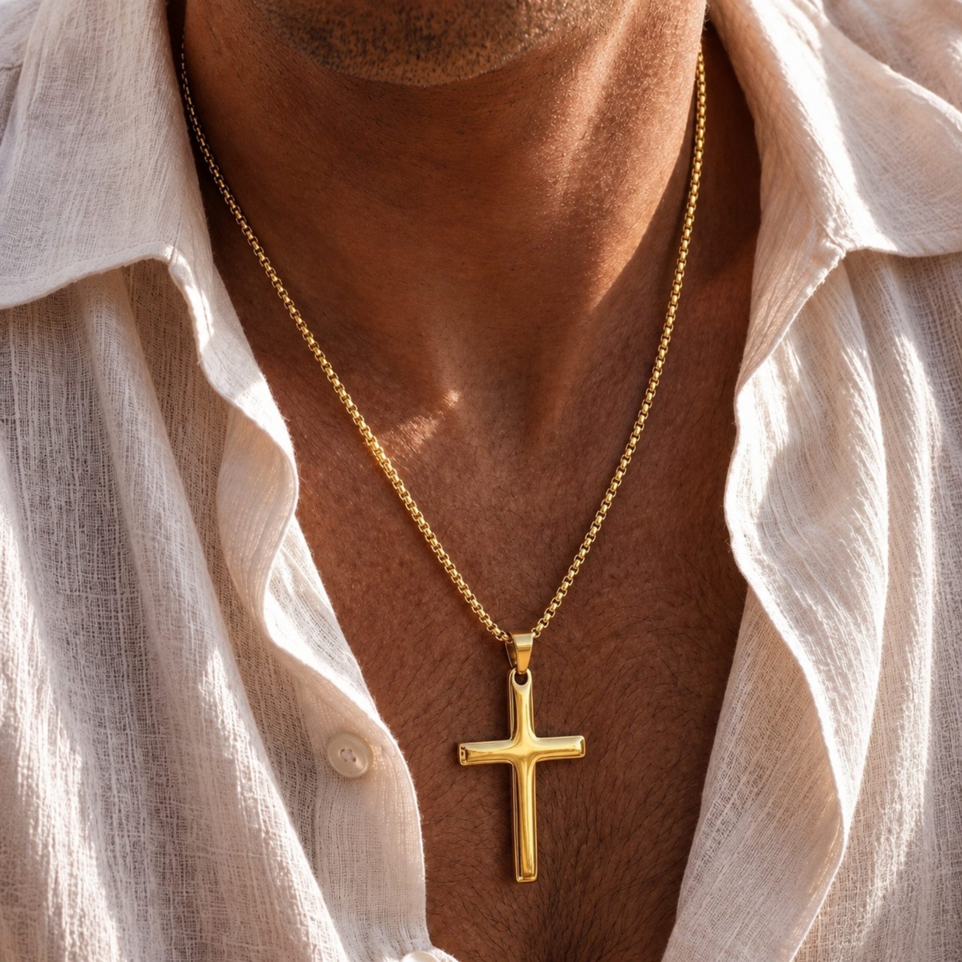 THE MEN THING SS Pendant/ Necklace MINIMALIST HOLY CROSS - GOLDEN - 27mm Pure Titanium Steel Pendant with 23inch Round Box 4mm Chain for Men & Boys