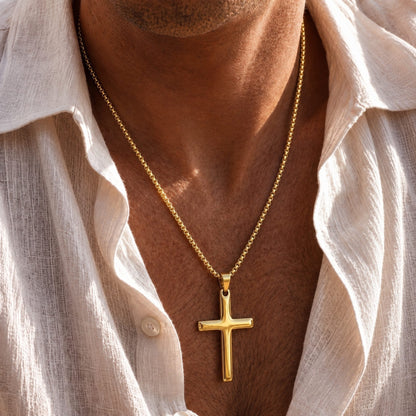 THE MEN THING SS Pendant/ Necklace MINIMALIST HOLY CROSS - GOLDEN - 27mm Pure Titanium Steel Pendant with 23inch Round Box 4mm Chain for Men & Boys