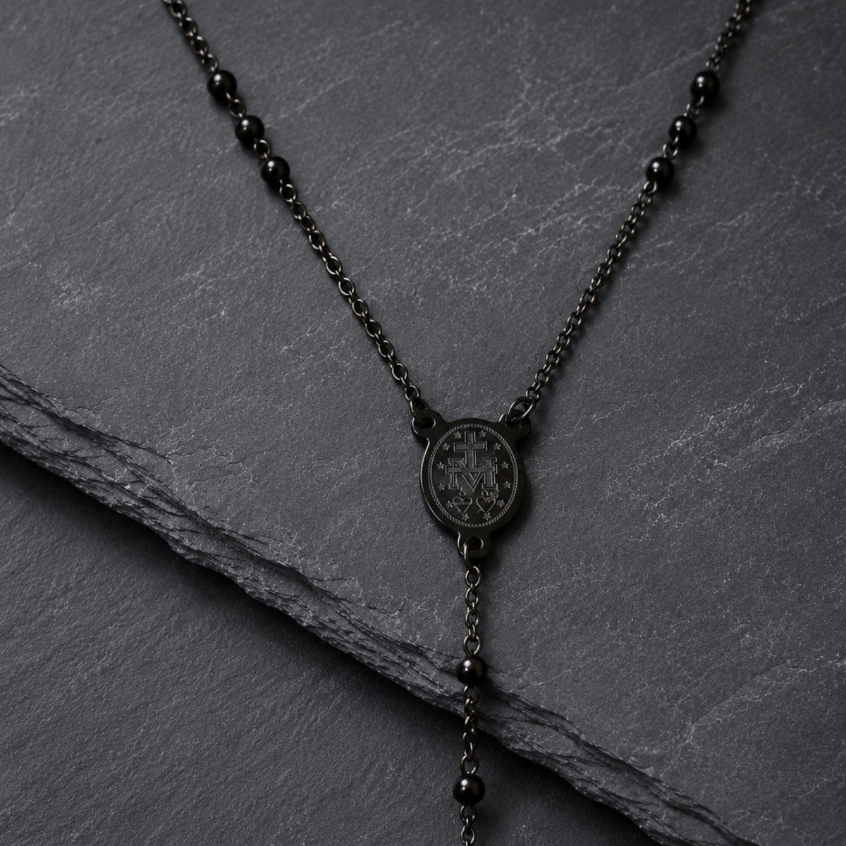 THE MEN THING SS Pendant/ Necklace MIRACULOUS ROSARY - BLACK- 21mm Titanium Steel Pendant with 38inch Chain for Men & Boys