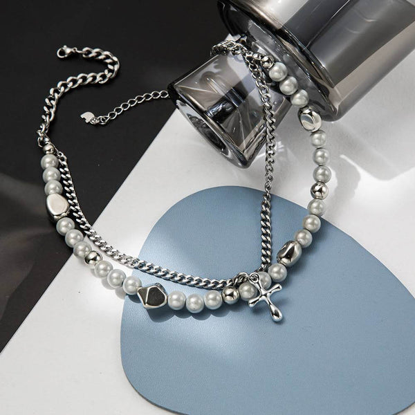 MIRE SERENITY - Two Layer Necklace with Titanium Steel Chain &  Fusion Cuban Pearls & Cross Pendant - Size 18inch