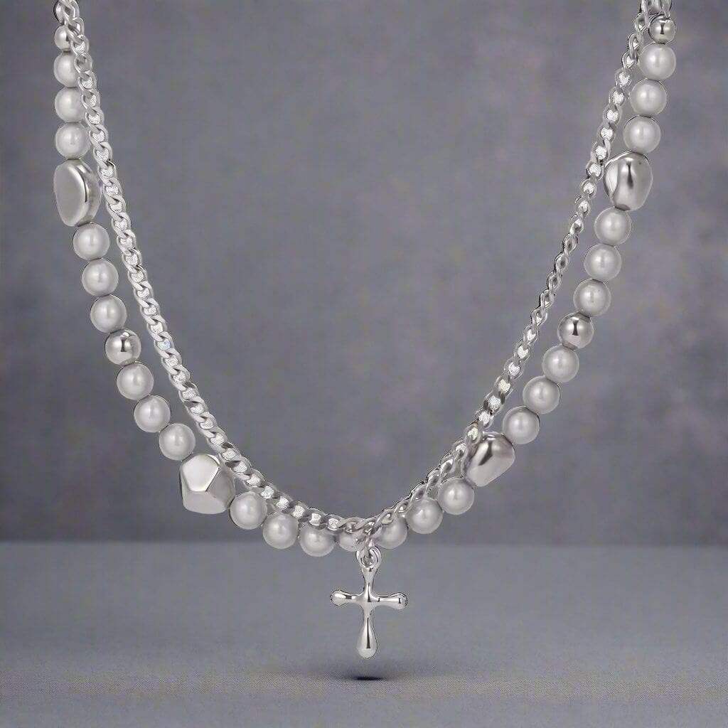 THE MEN THING SS Pendant/ Necklace MIRE SERENITY - Two Layer Necklace with Titanium Steel Chain &  Fusion Cuban Pearls & Cross Pendant - Size 18inch