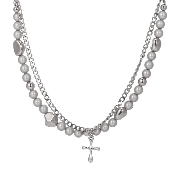 THE MEN THING SS Pendant/ Necklace MIRE SERENITY - Two Layer Necklace with Titanium Steel Chain &  Fusion Cuban Pearls & Cross Pendant - Size 18inch
