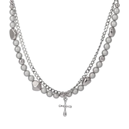THE MEN THING SS Pendant/ Necklace MIRE SERENITY - Two Layer Necklace with Titanium Steel Chain &  Fusion Cuban Pearls & Cross Pendant - Size 18inch