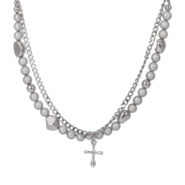MIRE SERENITY - Two Layer Necklace with Titanium Steel Chain &  Fusion Cuban Pearls & Cross Pendant - Size 18inch